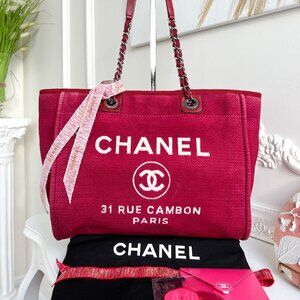 Authentic Chanel Deauville tote red in Cotton Shoulder handbag B1021